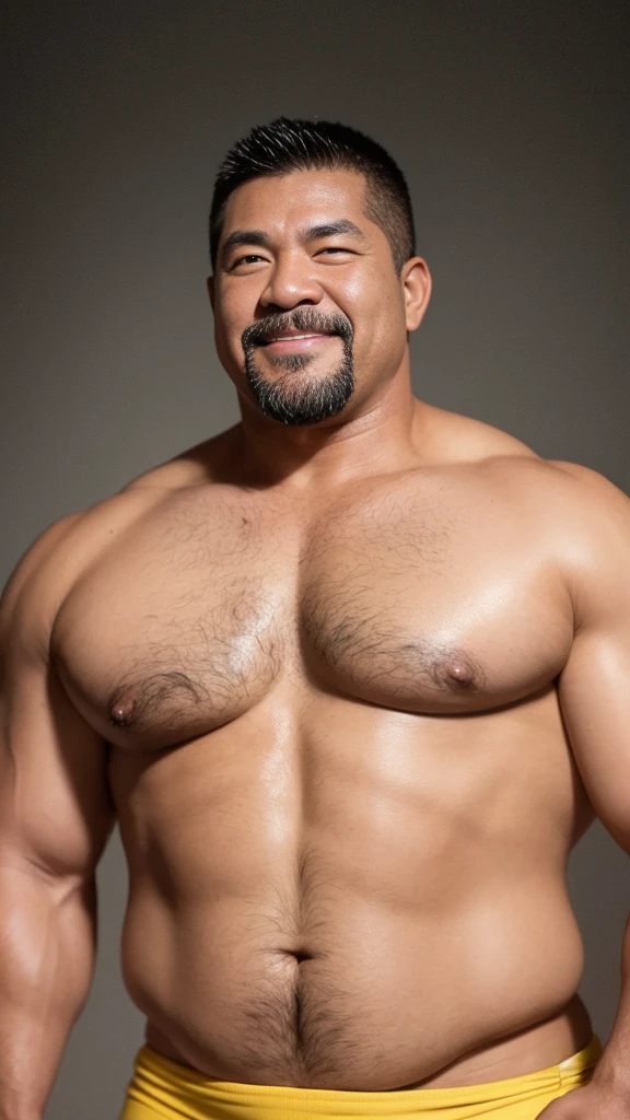 black hair, middle-aged man, individual, male, Muscular wrestler, muscular, Stout wrestler, Asian, Japanese, uncle, 55 year old middle-aged man, short hair, short hair, yellow wrestling boots, full body portrait, shadow, Vision, yellow briefs, obesity, 45 years old, short beard, middle-aged man, tattoo, fingerless gloves, Wheat skin, shiny skin, dark skin, Show your pectoral muscles, sumo wrestler, bodybuilder, wide temples, Visible abdominal muscles, Smile, Fine hands, solid color background, pure white background, Surrealism, Panorama, 8k, super detail，