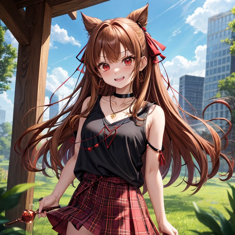reddish-brown golden hair、red eyes、one good looking girl、solo、anime、plaid mini skirt、black camisole、black t-shirt、hoodie、wearing a ribbon、ribbon at waist、crystal earrings、jewelry necklace、Light and shadow、tilting one's face、teeth are visible、pillar、torches、evil looking face、Kuroko、Diamond dust、grassland