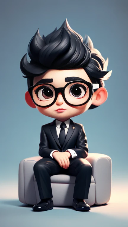 masterpiece, A cute boy sitting on the boss chair, Glasses, black suit, black hair, chibi style, Perfect 3D animation , Perfect lips and simple 