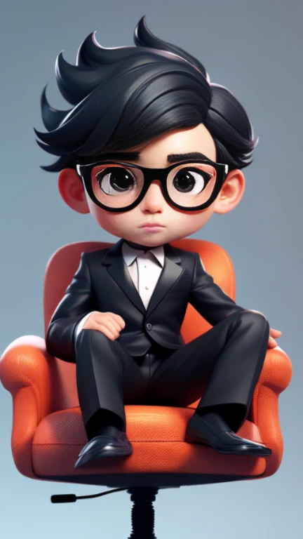 masterpiece, A cute boy sitting on the boss chair, Glasses, black suit, black hair, chibi style, Perfect 3D animation , Perfect lips and simple