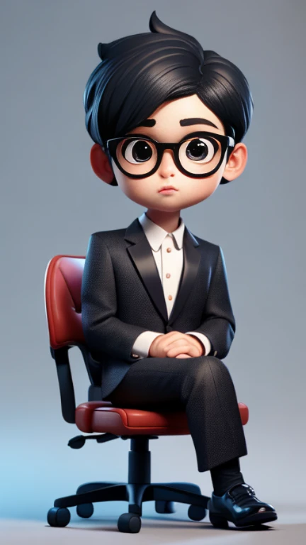 masterpiece, A cute boy sitting on the boss chair, Glasses, black suit, black hair, chibi style, Perfect 3D animation , Perfect lips and simple 