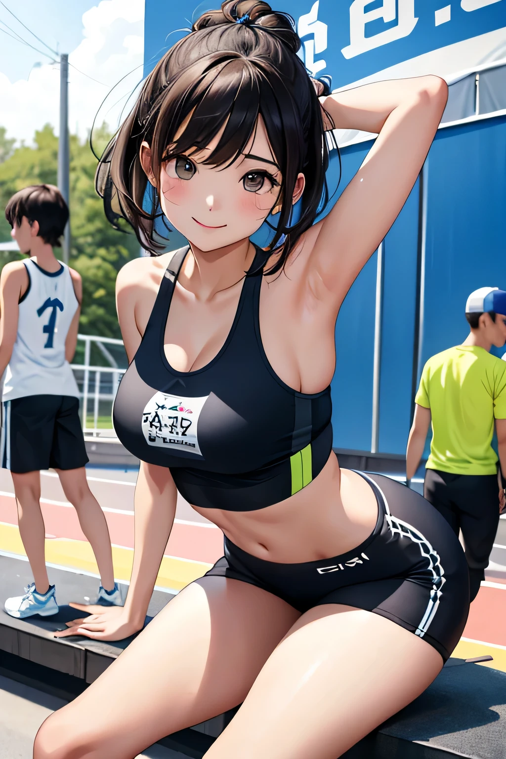 (highest quality:1.4)、High resolution、detailed background)、(detailed beautiful face:1.4)、anatomically correct、moderate sized breasts、attractive ass、brown hair、braided bob、realistic、perfect body line、thick thighs、
Smiling and relaxed while stretching with her coach and teammates、
After finishing a race or practice session, participants high-five their teammates to share their joy.、
Sitting with friends during breaks and drinking water、
The expression of effort and concentration while practicing、
Smiling faces and a fun atmosphere while talking with coaches and teammates、
A close-up from a low angle highlighting the buttocks、Super close-up shot from directly below、Beautiful age girl looking back、athletics stadium、
Opt for fitted crop tops and bodysuits、
The mesh design on the back and sides and the lace-up details give it a sexy look.、
We recommend high-waisted fitted running shorts or leggings、
Design with cuts and mesh panels that accentuate the body line、
Choose running shoes that fit well、Bright colors and chic designs、
Opt for a simple sports watch and a thin headband.、
It is important to avoid excessive accessories in order to emphasize sexiness.、
Choose items that you can wear with confidence, such as a fitted sports bra or a tank top that exposes a moderate amount of skin.、cute