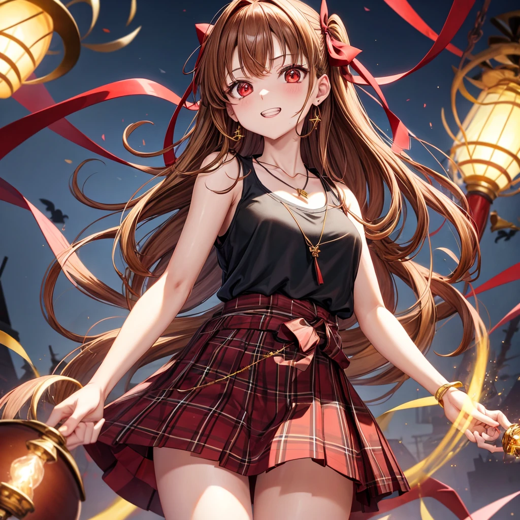 reddish-brown golden hair、red eyes、one good looking girl、solo、anime、plaid mini skirt、black camisole、black t-shirt、hoodie、wearing a ribbon、ribbon at waist、crystal earrings、jewelry necklace、Light and shadow、tilting one's face、teeth are visible、pillar、torches、evil looking face、Kuroko、Diamond dust、grassland