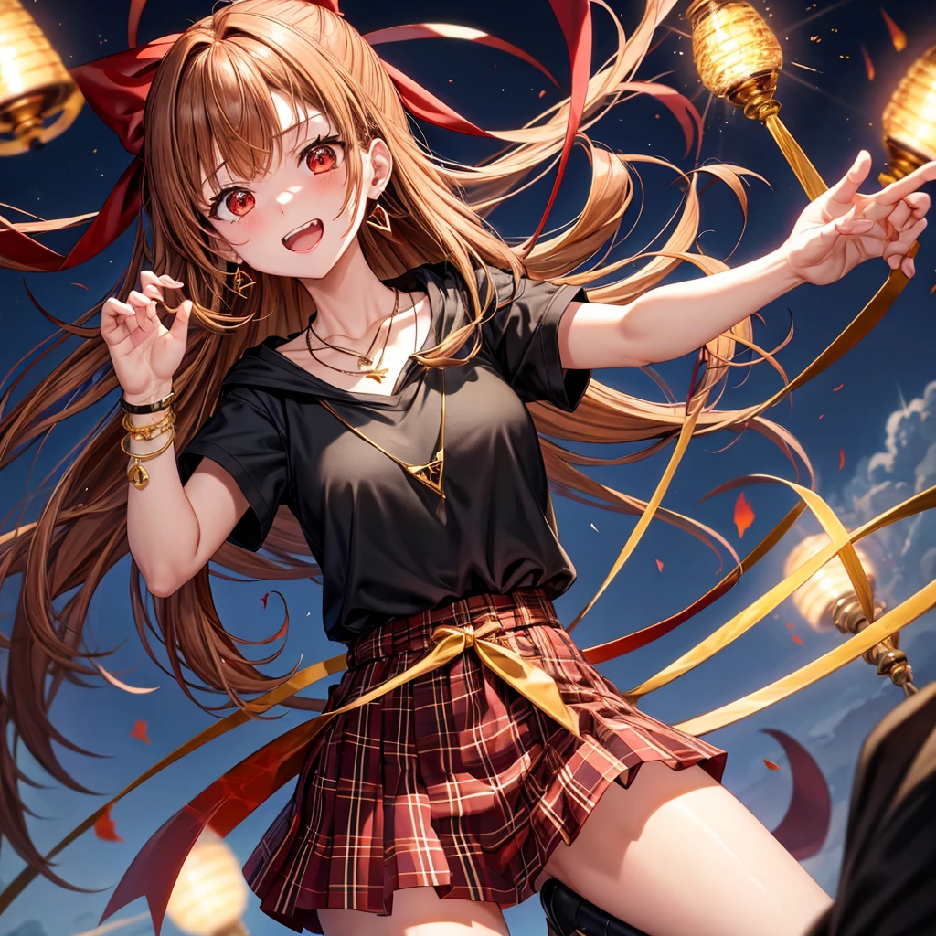 reddish-brown golden hair、red eyes、one good looking girl、solo、anime、plaid mini skirt、black camisole、black t-shirt、hoodie、wearing a ribbon、ribbon at waist、crystal earrings、jewelry necklace、Light and shadow、tilting one&#39;s face、teeth are visible、pillar、torches、evil looking face、Kuroko、Diamond dust、grassland