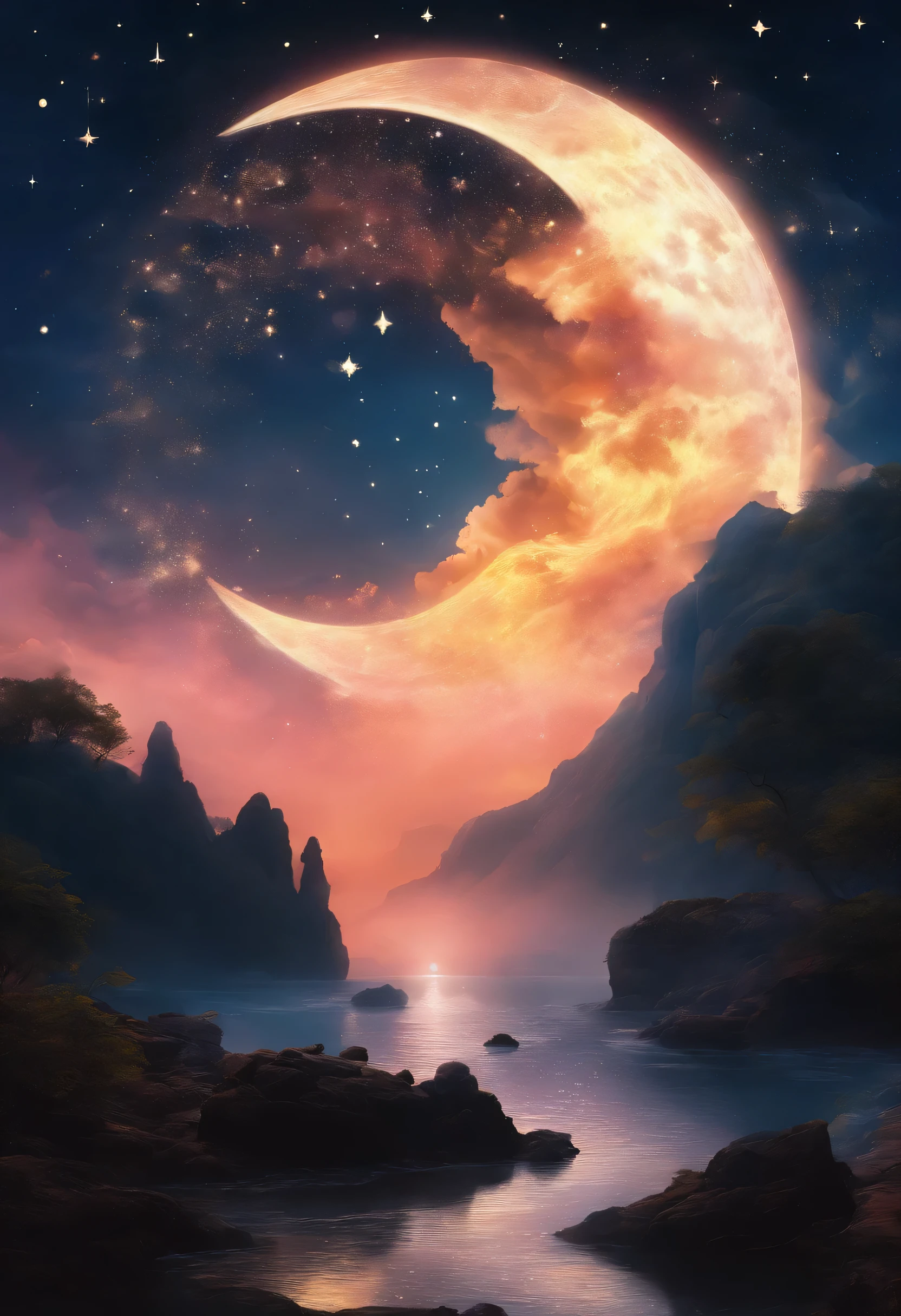 (((Sun and Moon,stars))),Bodhisattva,aura,Buddha's light,Visions,(best quality,4k,highres,masterpiece:1.2),ultra-detailed,realistic,portrait,landscape,Tang Feng,giant moonlit cliff,distant viewing angle,desolate,clouds,moonlit,dark silhouette,serene atmosphere,vibrant colors,soft light,ethereal,content solitude,wispy clouds,quiet night,starry sky,moonlight casting shadows,moon halo,luminous,mystical,calm and peaceful ambiance,immersive,dreamlike,gloomy cliffs,awe-inspiring,tranquil mood
