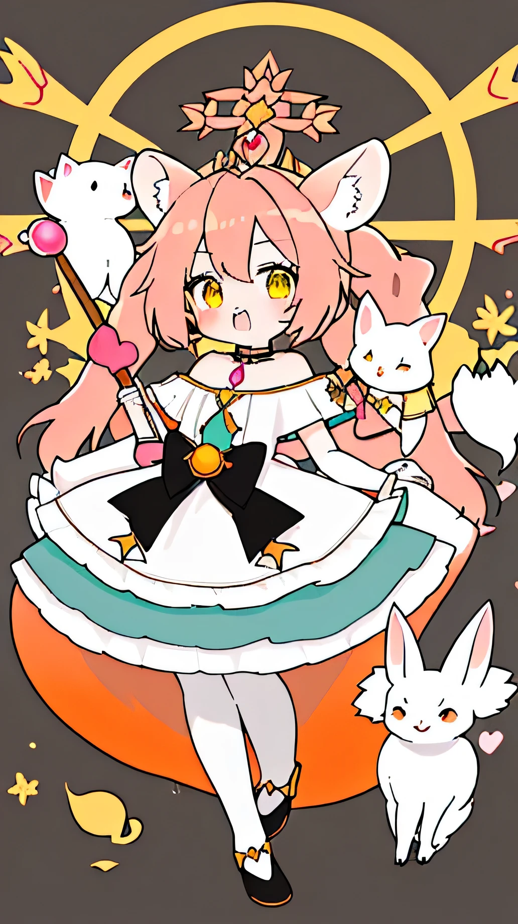 5 magical lolis (two on the right side, two on the left side, and one in the center of the image, facing the viewer). atmosphere: on a dark day about to dawn. The first in the right corner is a loli with a yellow and oak-brown autumn dress, with a yellow bow and shiny stones in the brown bow, along with the rolled horns of a ram sheep, and orange eyes and hair. short brown. a magic oak wand emitting sparks. The second in the right corner is a light blue loli with polar bear ears, dressed in the form of a black and white coat with bluish frost, and black zippered shoes and white pantyhose. long albino hair but hidden by a white hood; and eyes with dark and light blue tones, and sharp, tiny teeth, and a staff of ice. The one in the left corner is a  with a green and Natural dress without shoulder pads with deer ears and flowers in her greenish hair and mythological animals around her in brown and green. Pasty green eyes and dark green ponytail hair. staff with emerald ruby.  on the left side with an orange dress and red and crimson tones. surrounded by cardinals and summer animals. long crimson hair. red eyes and pink tones and cardinal wings on the head, and some fabric on the dress simulating a flying squirrel. a reddish staff with a flaming aura. a  with a white dress, and on the edges shades of pink, yellow and light blue. a bow on the chest of the blush-colored dress, along with small gold brooches. blue and pink wristbands on her arms, lots of pastel-colored flowers, in a white hat with pink lines on the horizontal edges of the hat. ears of a fennec fox on his head, super light brown hair with two pigtails with golden bows, and eyes with orange and black tones. white pantyhose and shoes, one pink and one blue with gold braids. surrounded by mythological animals and a small bar with blue, orange, red, yellow and pink energy auras. all looking at the viewer