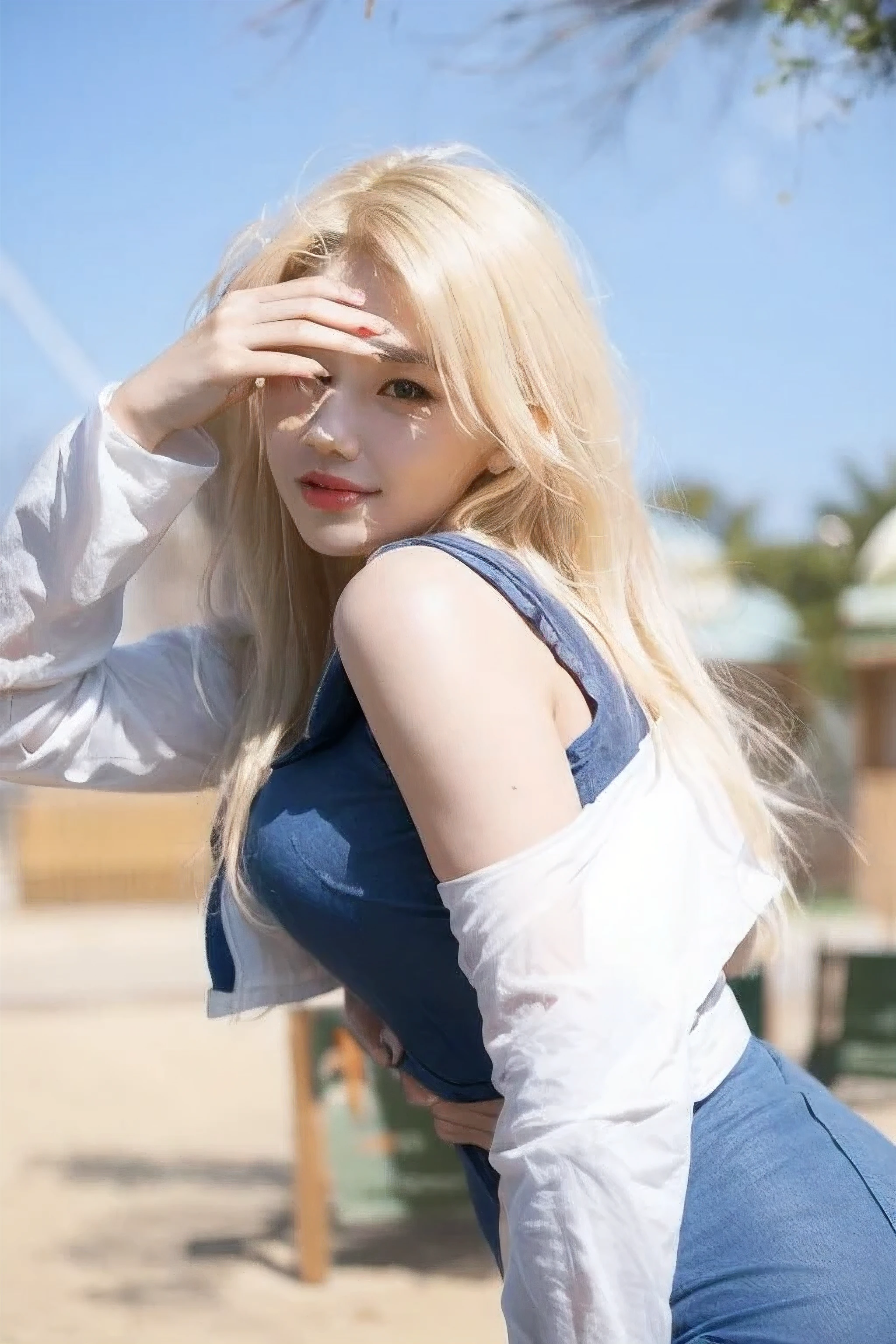 blond woman in blue dress posing for a picture in a park, amouranth, ava max, with long blond hair, korean girl, blonde girl, beautiful south korean woman, perfect white haired girl, beautiful blonde girl, hot with shining sun, blonde woman, blonde and attractive features, very sunny, pale-skinned persian girl, young beautiful amouranth