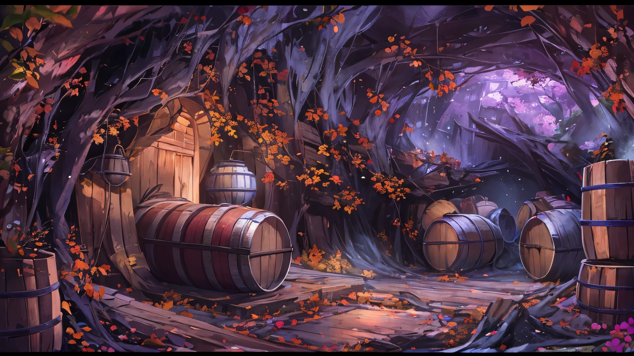 Masterpiece, best quality, 8k, panoramic view, dark cave of the silver mountain, radiation of silver metal, magical glow, with barrels and wood,