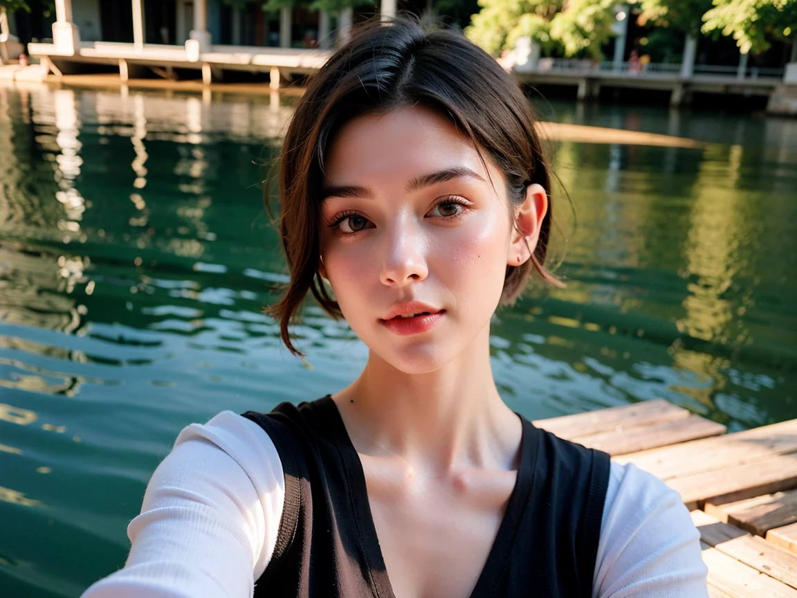 Realistic Photography, Beautiful Young Female ,Short hair ,river, extremely delicate and beautiful},Outstanding light and shadow, highly detailed wallpaper,Clear and bright sunlight, taking a selfie