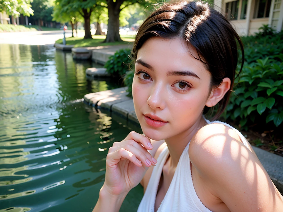Realistic Photography, Beautiful Young Female ,Short hair ,river, extremely delicate and beautiful},Outstanding light and shadow, highly detailed wallpaper,Clear and bright sunlight, taking a selfie