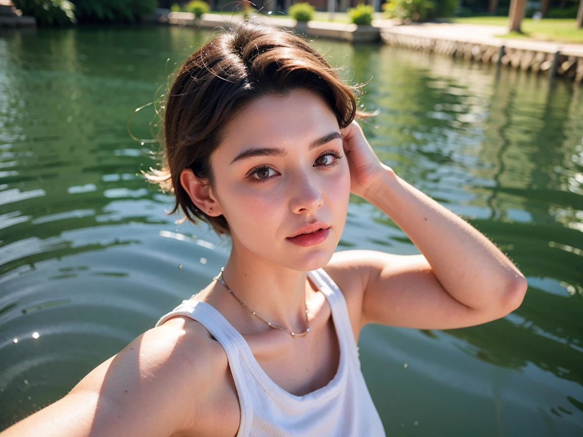 Realistic Photography, Beautiful Young Female ,Short hair ,river, extremely delicate and beautiful},Outstanding light and shadow, highly detailed wallpaper,Clear and bright sunlight, taking a selfie