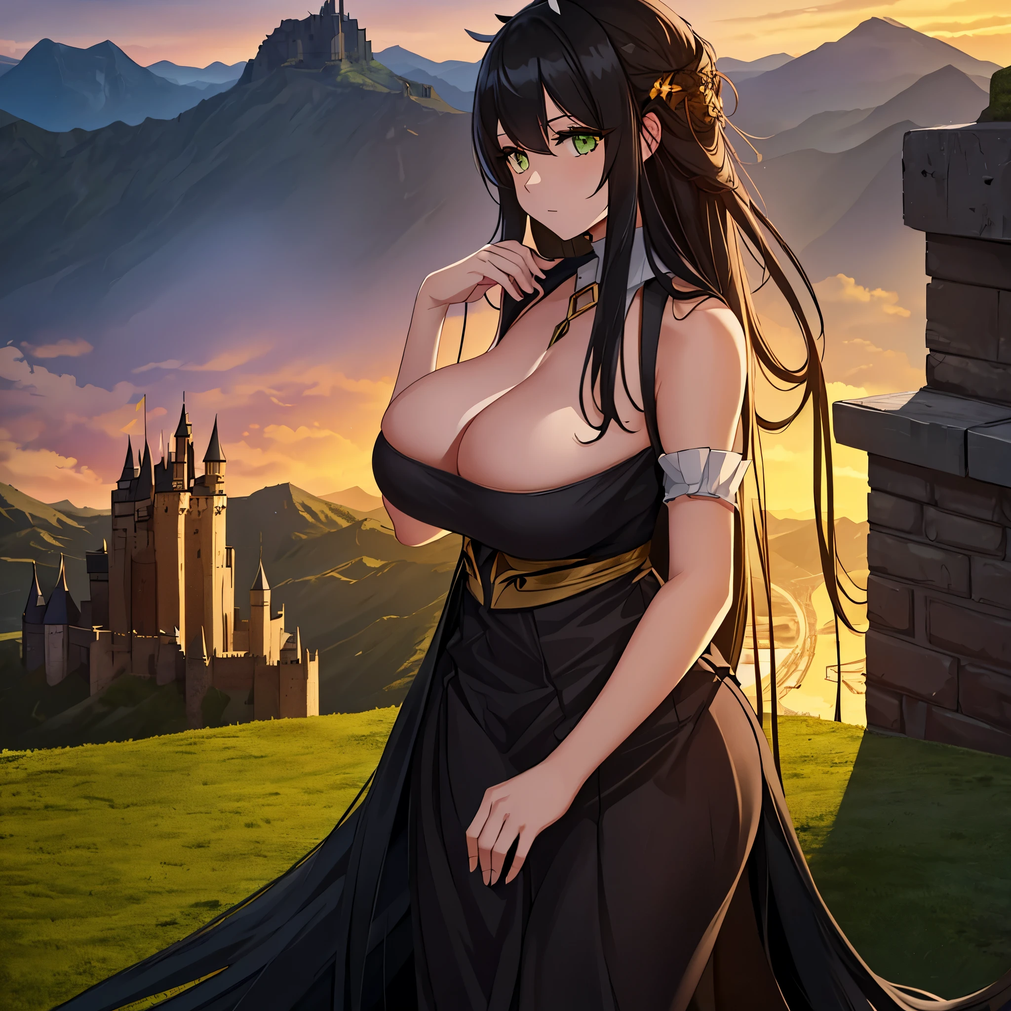 A woman wearing a black dress with gold details, long black hair, moss green eyes, large breasts, in the tower of a castle overlooking the mountains and sunset,very detailed, masterpiece, high quality, ultra resolution, 4k hd