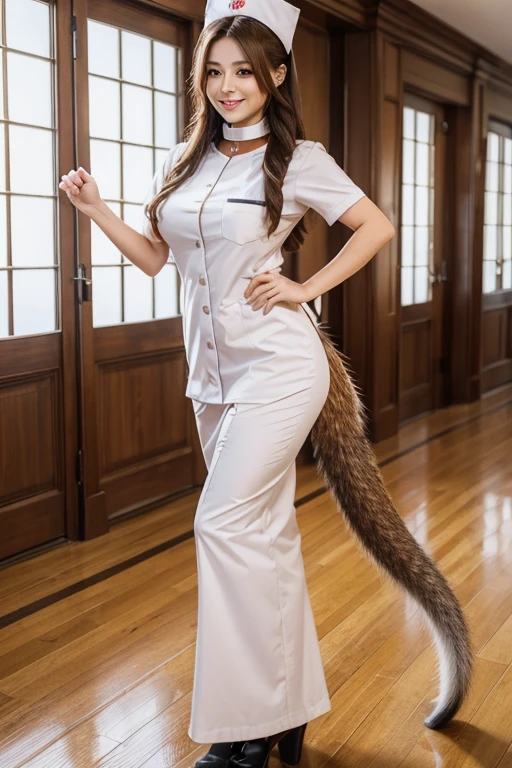 ((highest quality)), ((masterpiece)), (get used to it), perfect face, fox woman, Beautiful woman, public, A tail is growing, she has a fluffy tail, she has a squirrel tail, she wags her tail, smile, collar and leash, she is wearing a nurse uniform, beautiful hips, big tail