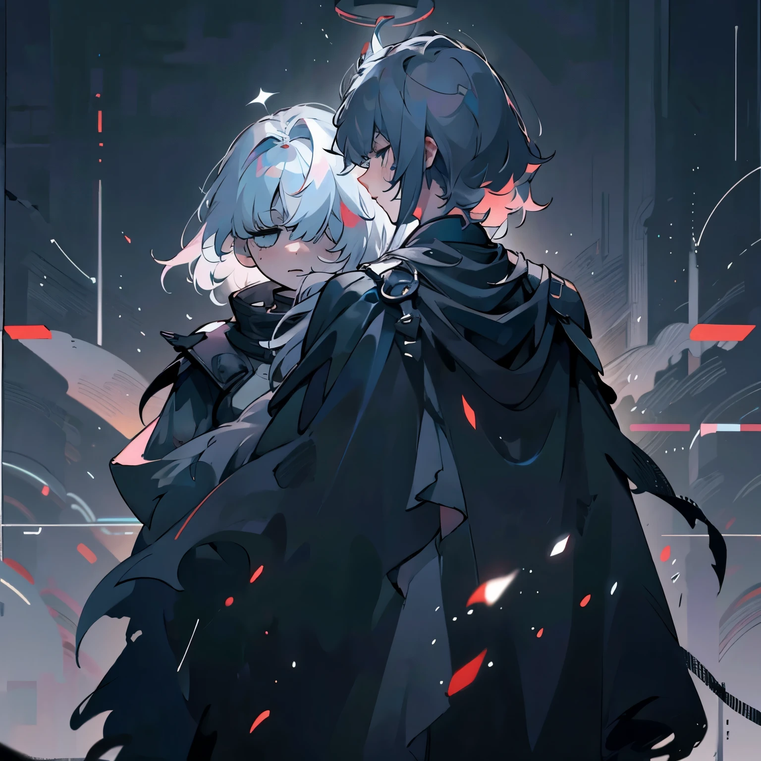 two women. One with messy hair、Guy with bangs covering one eye. Another guy with white smooth soft hair. Turn your back to each other, black theme, haze, 4k details, Cold halo