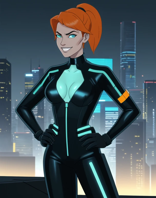 half body portrait, generic 32 year old Cyberpunk Agent, pretty and brave, medium breasts, light skin, thin and athletic, (Wearing a futuristic black leather jumpsuit, utility belt and gun holsters), doing a heroic pose with hands on hips, grin with teeth, cleavage exposed, perfect eyes, perfect irises, standing on a rooftop with a night sky, The skyline of a cyberpunk city is seen in the background, (1girl with short orange hair, pony tail style and bright blue irises), epic artistic, photoreal art, sharp focus, even lighting, insane details, intricate details, hyperdetailed, rich colors, staring at viewer, looking into camera, windswept hair blowing in the wind