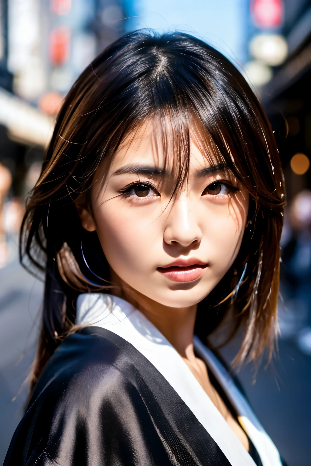 Beautiful Japanese supermodel woman, A lock of hair with slight highlights, black eyes, Sexy,street background,Gorgeous kimono , Liquid color flows across her face, Shooting against the light,Perfect facial lighting,mixed media