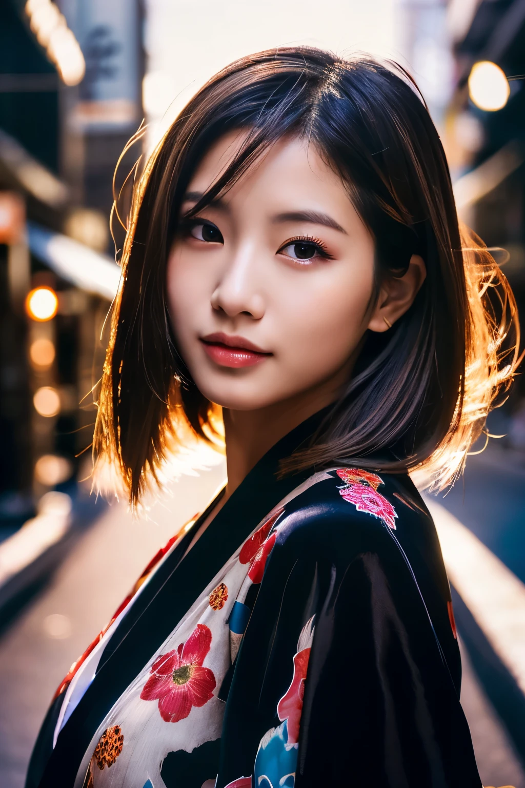 Beautiful Japanese supermodel woman, A lock of hair with slight highlights, black eyes, Sexy,street background,Gorgeous kimono , Liquid color flows across her face, Shooting against the light,Perfect facial lighting,mixed media