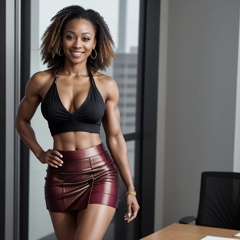 Beautiful light skin African American mix Melanesian woman, (35 years old), topless, exposed breasts (((business attire, very professional sexy business suit skirt for women))), fit body, (muscles:1.2), athletic feminine body, female fitness model body, standing in front of office desk, masterpiece, perfect lighting, uhd, 8k, she is an exceptional MMA fighter, hard toned feminine body, updo hairstyles, ((confident smile at camera:0.4)), ((sultry pose))