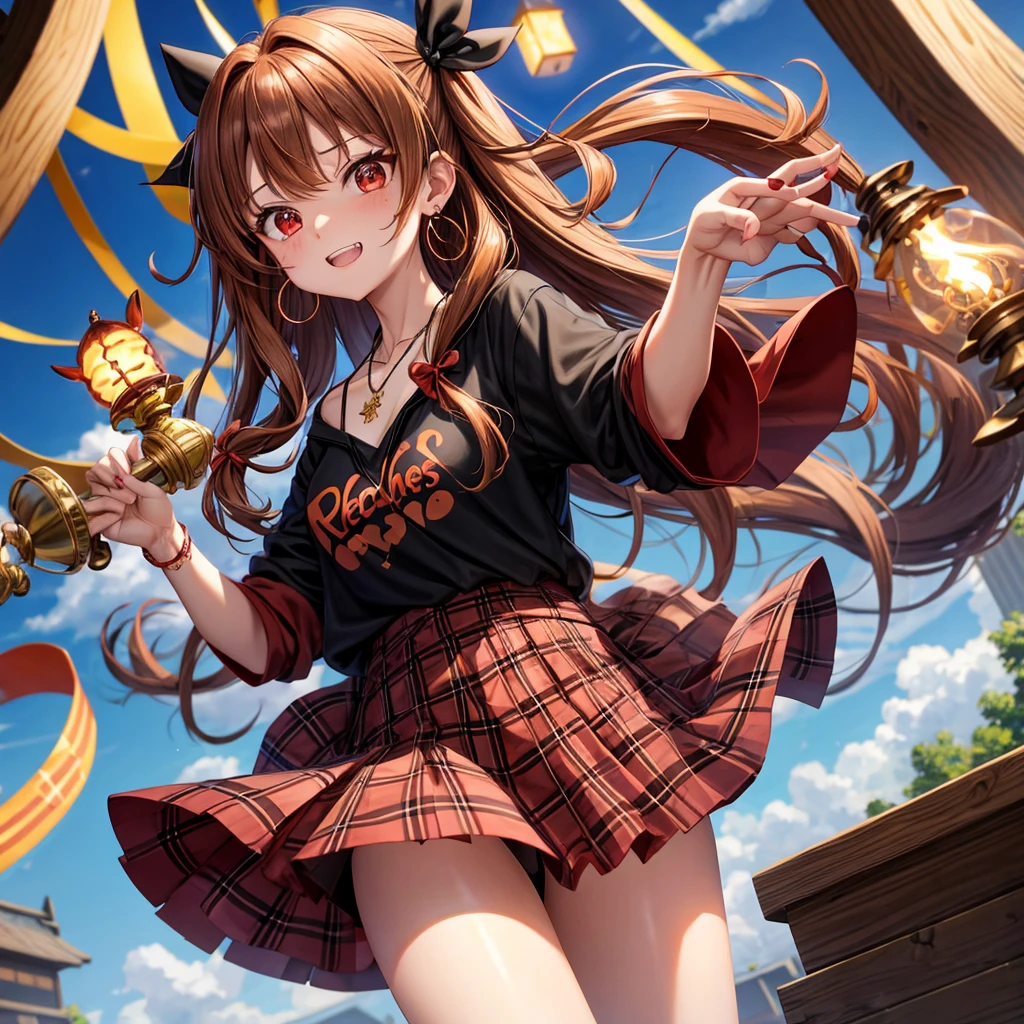 reddish-brown golden hair、red eyes、one good looking girl、solo、anime、plaid mini skirt、black camisole、black t-shirt、hoodie、wearing a ribbon、ribbon at waist、crystal earrings、jewelry necklace、Light and shadow、tilting one's face、teeth are visible、pillar、torches、evil looking face、Kuroko、Diamond dust、grassland