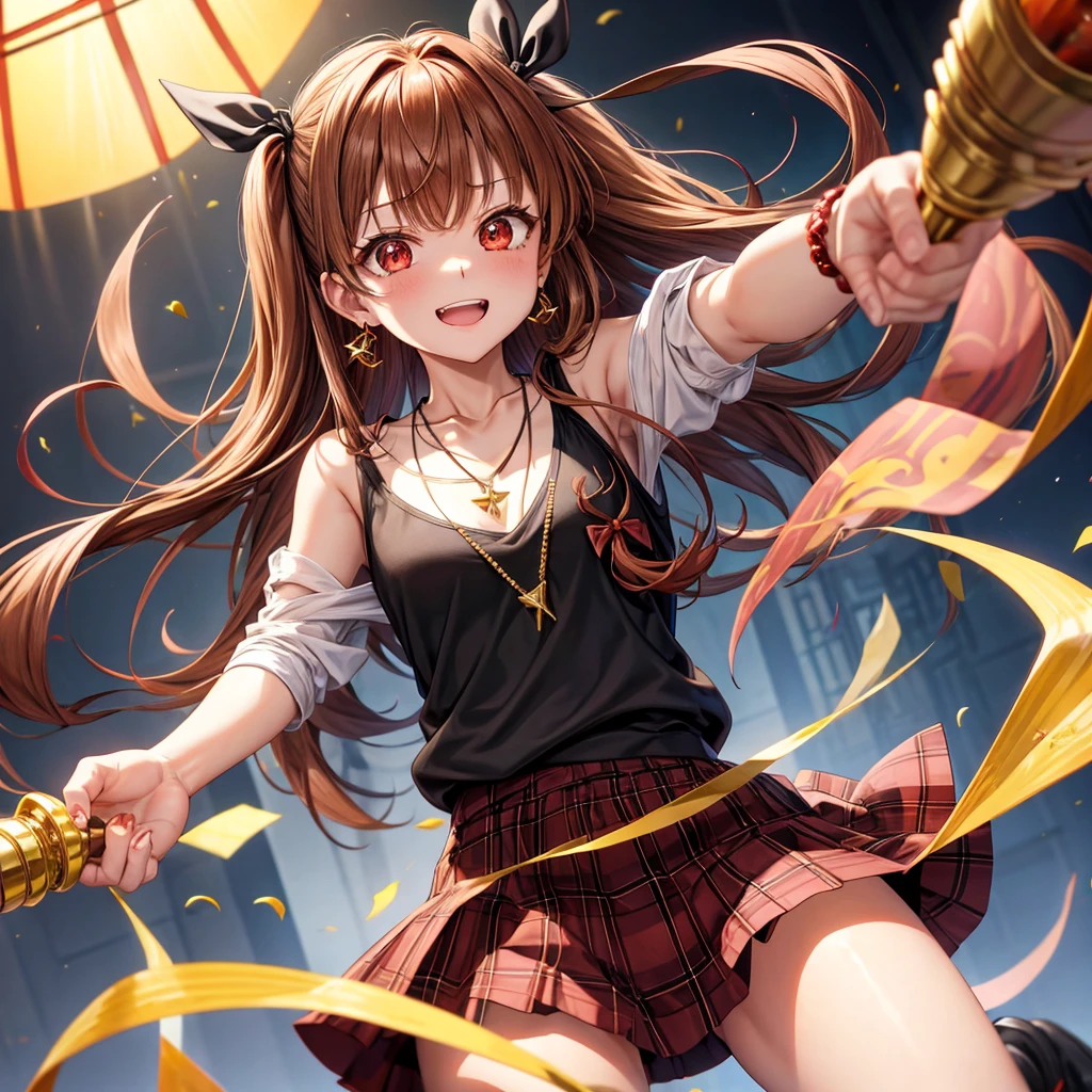 reddish-brown golden hair、red eyes、one good looking girl、solo、anime、plaid mini skirt、black camisole、black t-shirt、hoodie、wearing a ribbon、ribbon at waist、crystal earrings、jewelry necklace、Light and shadow、tilting one&#39;s face、teeth are visible、pillar、torches、evil looking face、Kuroko、Diamond dust、grassland
