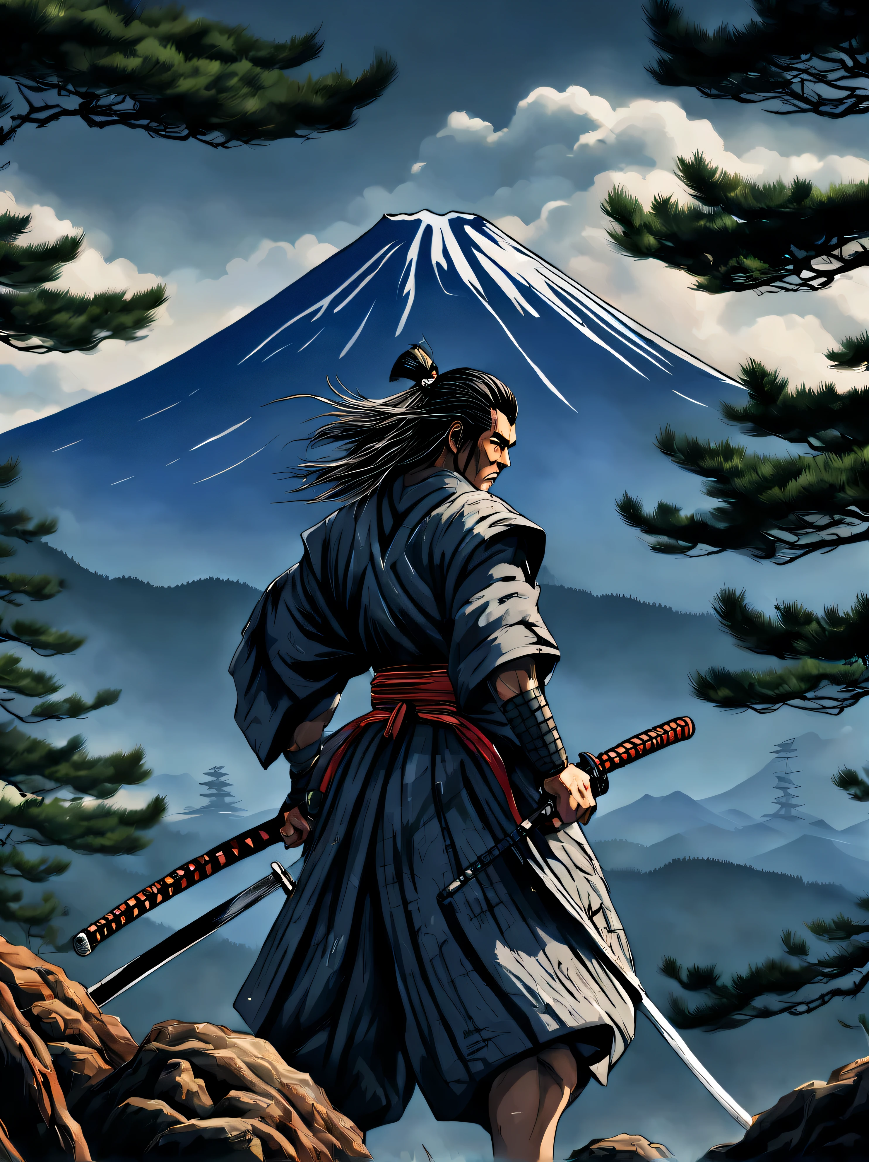 The neural network draws a picture against the backdrop of Fuji and Japanese pine trees, heroic creature - proud samurai, holding a samurai katana sword, samurai clothing, slim slim physique, Developed muscles, loose hair, High detail, clarity 32 thousand., A high resolution, 64-bit color depth, a lot of details, Beautiful image