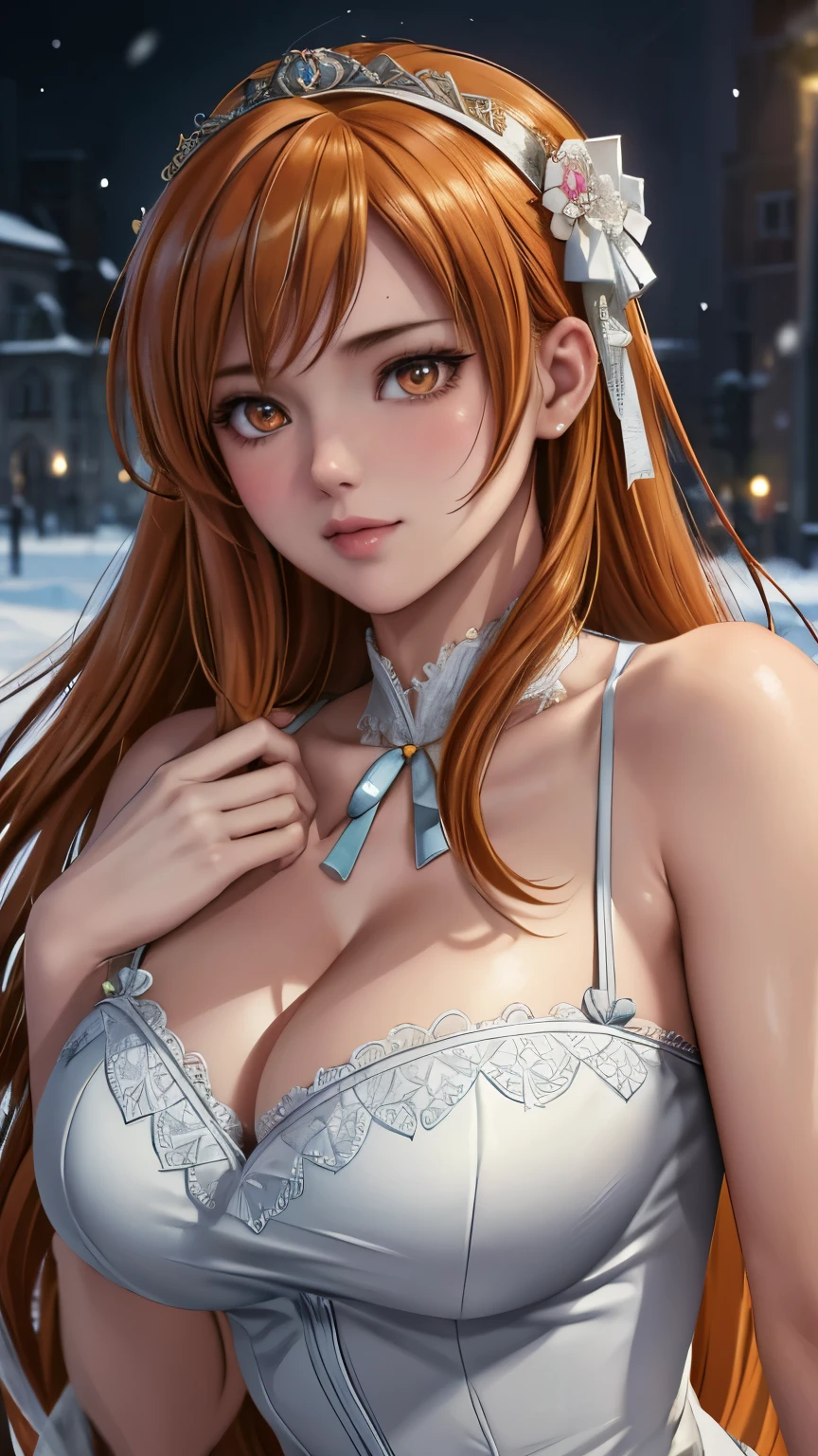 orange eyes, (highest quality, masterpiece painting:1.3), immature woman, 16 years old, (half body shot), masterpiece, ultra high resolution, (Photoreal:1.0), orange hair, straight hair, beautiful shining hair, white and shining skin, ((Ultra realistic details)), octane rendering, highly detailed face, (big breasts:0.8), She wears stunning costumes inspired by Belle Époque style, flowing gold dress decorated with lace and ribbons, (clothing: gold belle époque dress with lace and ribbons),cleavage, perfect body, soft skin, anime face, perfect face, perfect eyes, looking at the viewer, smart, snow scene, ((snow falling)), ((fantastic night)), ((outdoors)), sharp focus, intricate details, professional artwork, (bright colors:1.1), bright colors, diffused lighting, digital blending, ultra-definition body, ultra detail hair, super detailed face, that&#39;It&#39;s trending on pixiv, top button open, Cute gaze, compensate, perfect lips, perfect compensate, Ultra-precision coating,  (light_smile:0.8), (Very embarrassed:1.2), blush your nose,