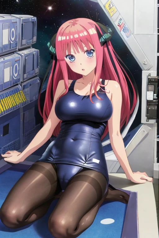 best quality, ultra-detailed masterpiece, anime art style, cute characters, nino nakano, one-piece swimsuit, large breasts, pantyhose, space station, open legs