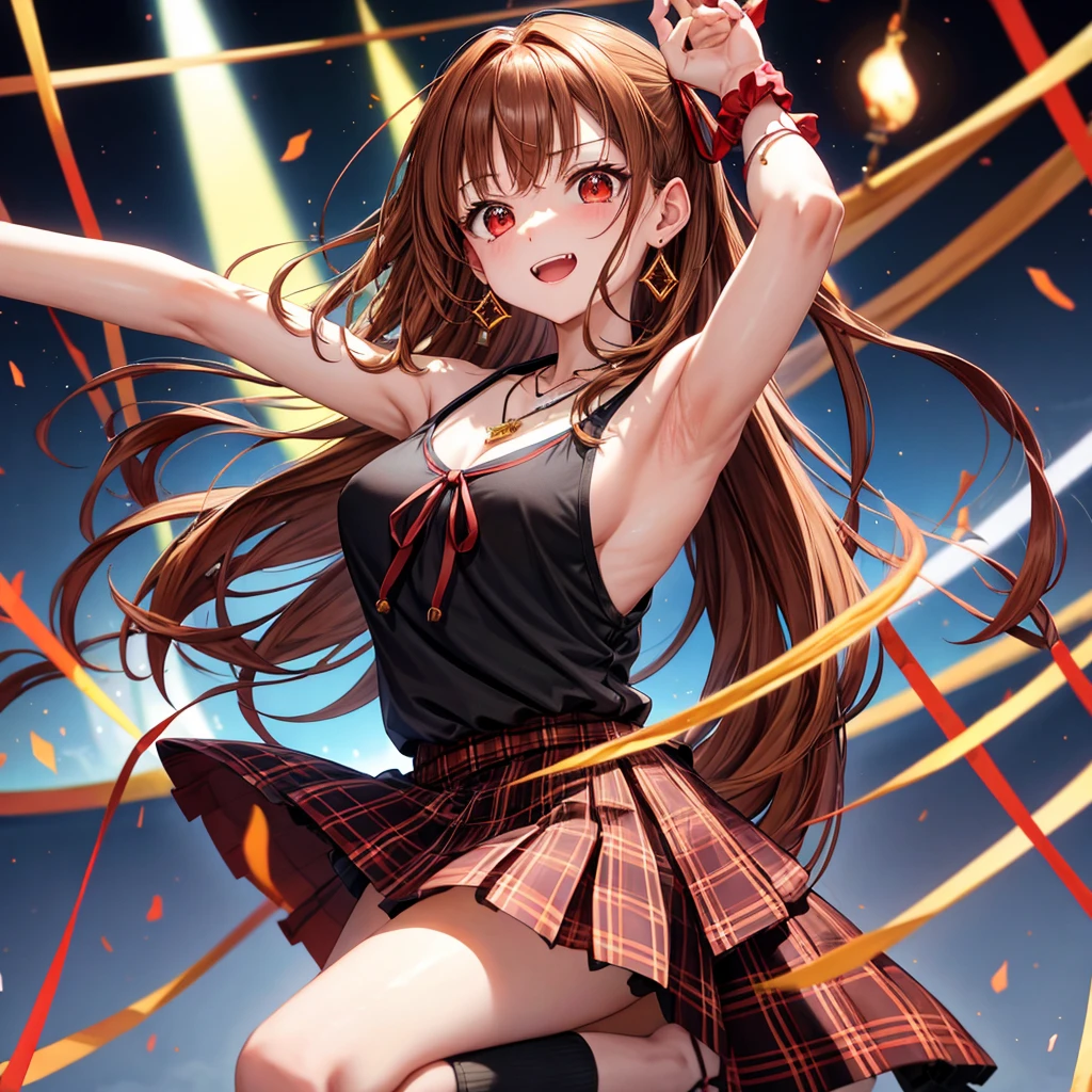 reddish-brown golden hair、red eyes、one good looking girl、solo、anime、plaid mini skirt、black camisole、black t-shirt、hoodie、wearing a ribbon、ribbon at waist、crystal earrings、jewelry necklace、Light and shadow、tilting one's face、teeth are visible、pillar、torches、evil looking face、Kuroko、Diamond dust、grassland、stage
