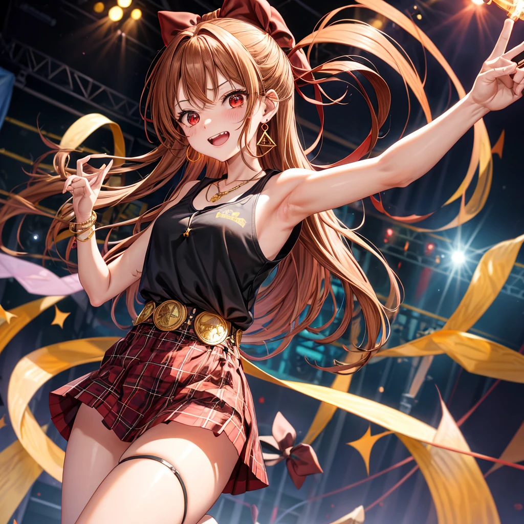 reddish-brown golden hair、red eyes、one good looking girl、solo、anime、plaid mini skirt、black camisole、black t-shirt、hoodie、wearing a ribbon、ribbon at waist、crystal earrings、jewelry necklace、Light and shadow、tilting one's face、teeth are visible、pillar、torches、evil looking face、Kuroko、Diamond dust、grassland、stage