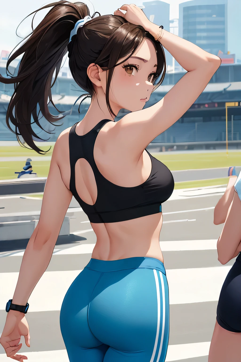 (highest quality:1.4)、High resolution、detailed background)、(detailed beautiful face:1.4)、anatomically correct、moderate chest、attractive ass、brown hair、braided bob、ponytail、realistic、perfect body line、thick thighs、emphasize the buttocks、healthy、

Stretching with my coach and friends、
After finishing a race or practice session, participants high-five their teammates to share their joy.、
Sitting with friends during breaks and drinking water、

(Close-up of the buttocks from a low angle:1.4)、(Super close-up shot from directly below)、(Beautiful teenage girl looking back)、athletics stadium、Staring at me with cold eyes、

Opt for fitted crop tops and bodysuits、
The mesh design on the back and sides and the lace-up details give it a sexy look.、
We recommend high-waisted fitted running shorts or leggings、
Design with cuts and mesh panels that accentuate the body line、
Choose running shoes that fit well、Bright colors and chic designs、
Opt for a simple sports watch and a thin headband.、
It is important to avoid excessive accessories in order to emphasize sexiness.、
Choose items that you can wear with confidence, such as a fitted sports bra or a tank top that exposes a moderate amount of skin.、cute
