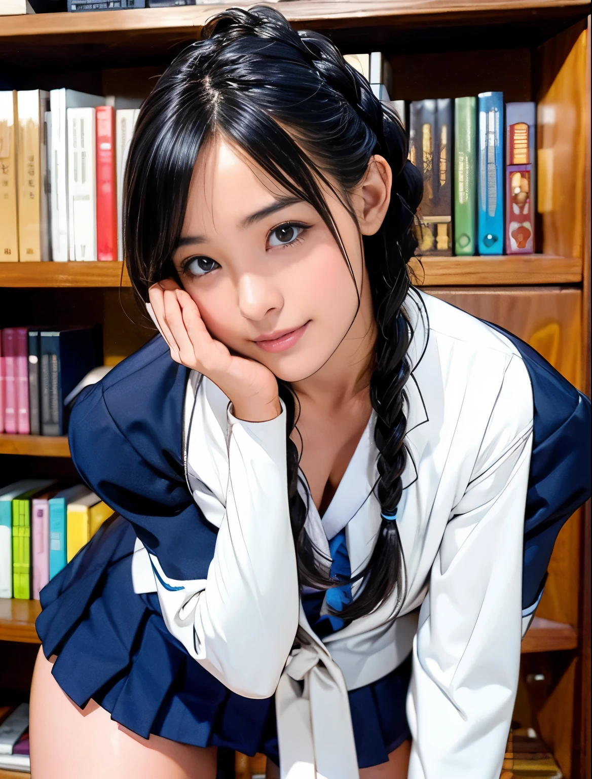 1 girl、A beautiful black-haired girl with braids staring at me.、Just smile a little、Idol-level cuteness、baby face、Lift up your skirt yourself、panty shot、thin and long、small, Breasts in good shape、Healthy thighs、Navy blue blazer、White高领内衣、Navy blue mini skirt、White、In the library、knee high、Cowboy shooting、anatomically correct、precise fingers、Precise Linbuster Tablets、Accurately depicting faces、Photographic live-action、

