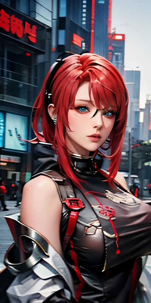 a woman with red hair and glasses standing in a city street, cyberpunk anime girl in hoodie, cyberpunk anime girl, realistic anime 3 d style, female cyberpunk anime girl, digital cyberpunk anime art, in cyberpunk city, digital cyberpunk - anime art, wearing cyberpunk streetwear, redhead female cyberpunk, artwork in the style of guweiz, trending on cgstation, cyberpunk streetwear