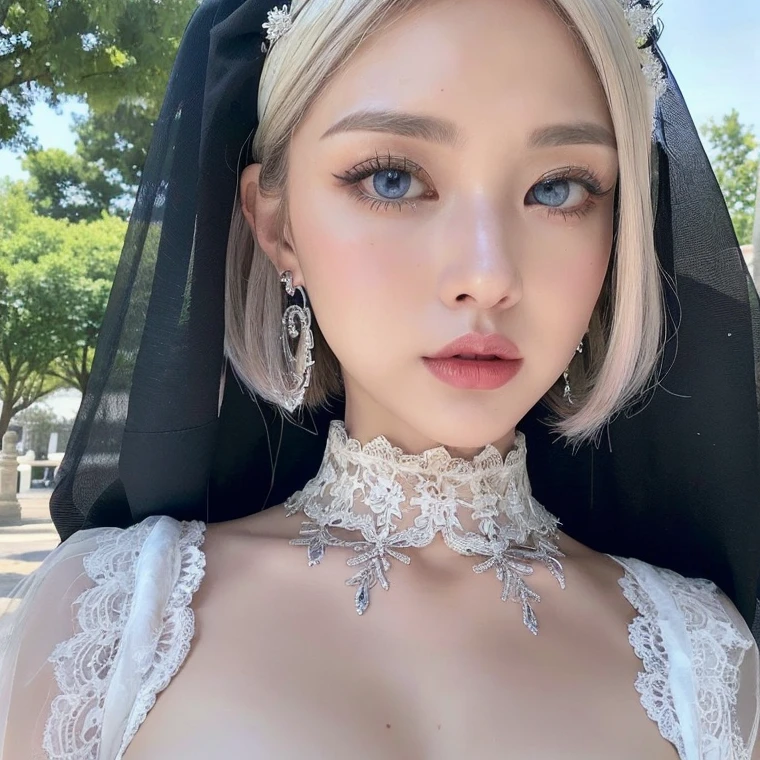 1 miniature Beautiful beautiful woman - Yuan Sayuki, ((top quality, 8K, Masterpiece:1.retty woman, 1 woman, huge breasts:1.3, a slim body:1.1, lush white long hair, (shower, wet body, wet clothes:1.1), very detailed face, detailed lips, detailed eyes, double eyelids, Detailed blue eyes, чрезвычайно Detailed Outstanding Blue Eyes, white wet hair, white wet hair, Detailed Outstanding Blue Eyes, innocent look at the viewer, very wet wavy white hair, Detailed Outstanding Blue Eyes, This&#39;It's raining outside, huge cross earrings, In the temple, badges behind, gothic wedding uniform, sexy gothic style wedding dress with veil, bare chest, huge chest tattoo wearing a wreath, detailed huge earrings, chest tattoo, Outside - there are trees and a buddhist temple in the background, wear a silver cross (Detailed cross shape), reality mode, wet breasts, black necklace, black wedding dress and black veil, human crowd behind, head/forehead chain veil, black latex gloves, naked breasts, naked breasrs, naked nipples, hair of white snowy colour, accurately detailed RED TAINTED GLASSES