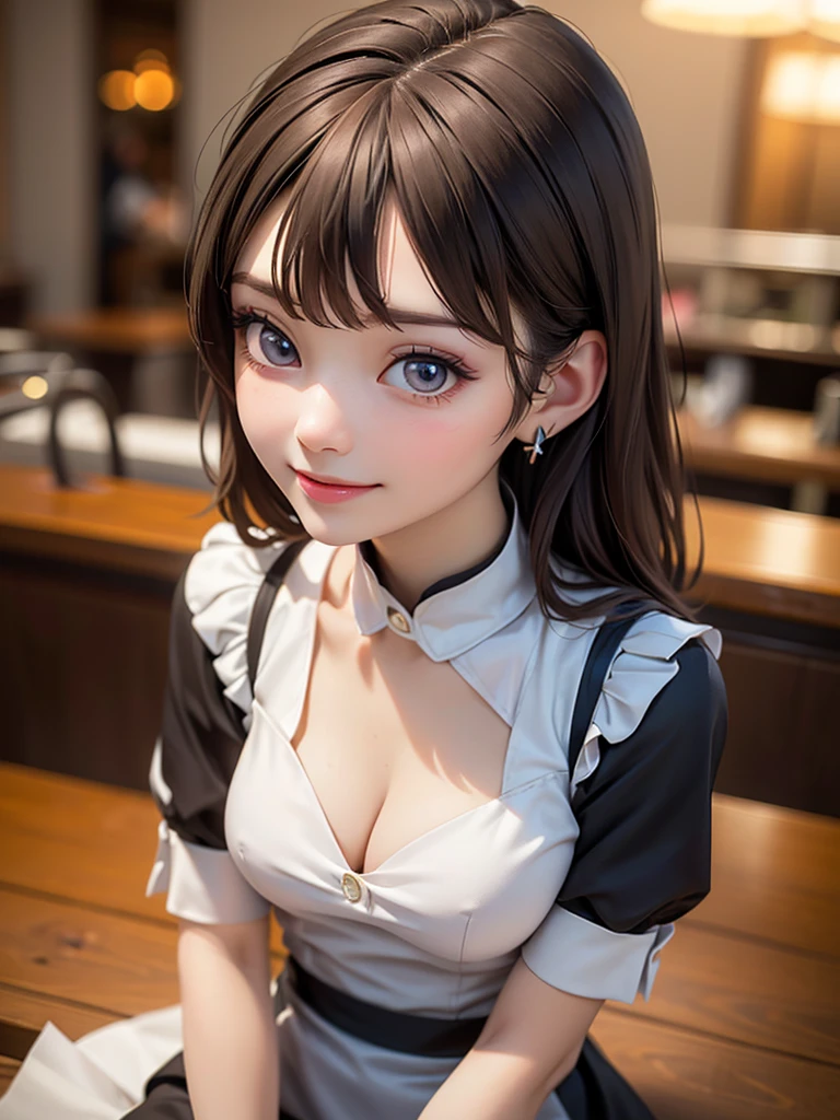 ((best quality:1.2, 8K, sharp focus, Photorealistic:1.2, masterpiece: 1.4, backlight, The ultimate girl, Highly detailed facial textures, Highly detailed facial textures, Detailed beauty makeup: 1.2, Realistic skin, delicate eyes, Detailed bangs)), ((waitress clothes)),(cafe background), head tilt, huge breasts:1.2, light brown hair, Smiling from ear to ear, from above