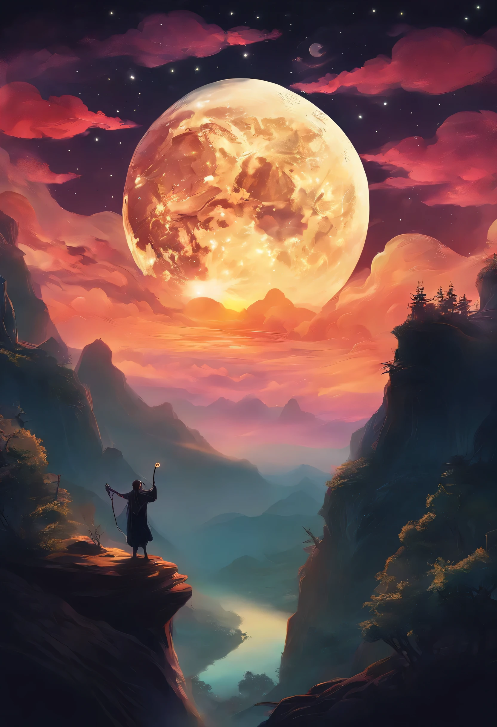 (((Sun and Moon,stars))),Bodhisattva,(((aura))),Buddha's light,Visions,(((Ion flow))),(best quality,4k,highres,masterpiece:1.2),ultra-detailed,realistic,portrait,landscape,Tang Feng,giant moonlit cliff,distant viewing angle,desolate,clouds,moonlit,dark silhouette,serene atmosphere,vibrant colors,soft light,ethereal,content solitude,wispy clouds,quiet night,starry sky,moonlight casting shadows,moon halo,luminous,mystical,calm and peaceful ambiance,immersive,dreamlike,gloomy cliffs,awe-inspiring,tranquil mood