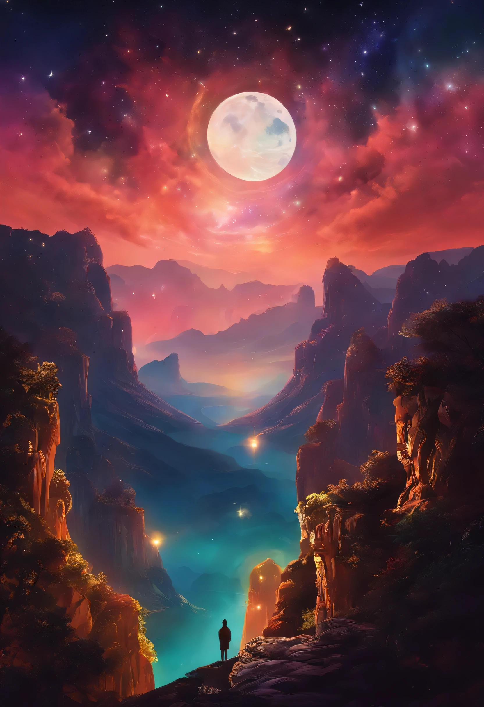 (((Sun and Moon，stars)))，Bodhisattva，(((aura)))，Buddha&#39;s light，Visions，(((Ion flow)))，(best quality,4k,highres,masterpiece:1.2),ultra-detailed,realistic,portrait,landscape,Tang Feng,giant moonlit cliff,distant viewing angle,desolate,clouds,moonlit,dark silhouette,serene atmosphere,vibrant colors,soft light,ethereal,content solitude,wispy clouds,quiet night,starry sky,moonlight casting shadows,moon halo,luminous,mystical,calm and peaceful ambiance,immersive,dreamlike,gloomy cliffs,awe-inspiring,tranquil mood