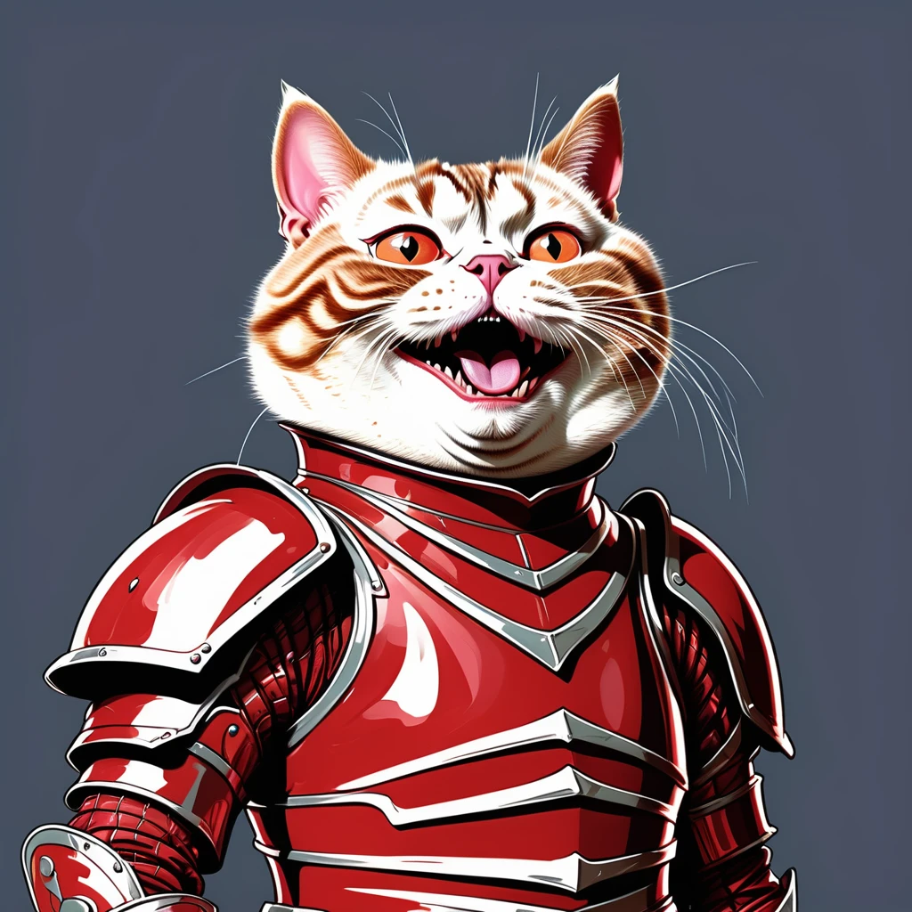 illustrate hyper maximal, intense, strange, a wordless, single image with unhinged, ridiculous, cartoonish, excessive, contorted, skewen hilarity postmeme expression, visually hilarious, cohesive, conveying overwhelming joy, overjoyed, cel animation, distorted contorted proportions of rotoscoped Tabby chonky cat wearing crimson knight armor outfit in expressive John Kricfalusi hand drawn art style, with threatening aura, disgustingly cool, vile boogie dancing, spooky, skewed,