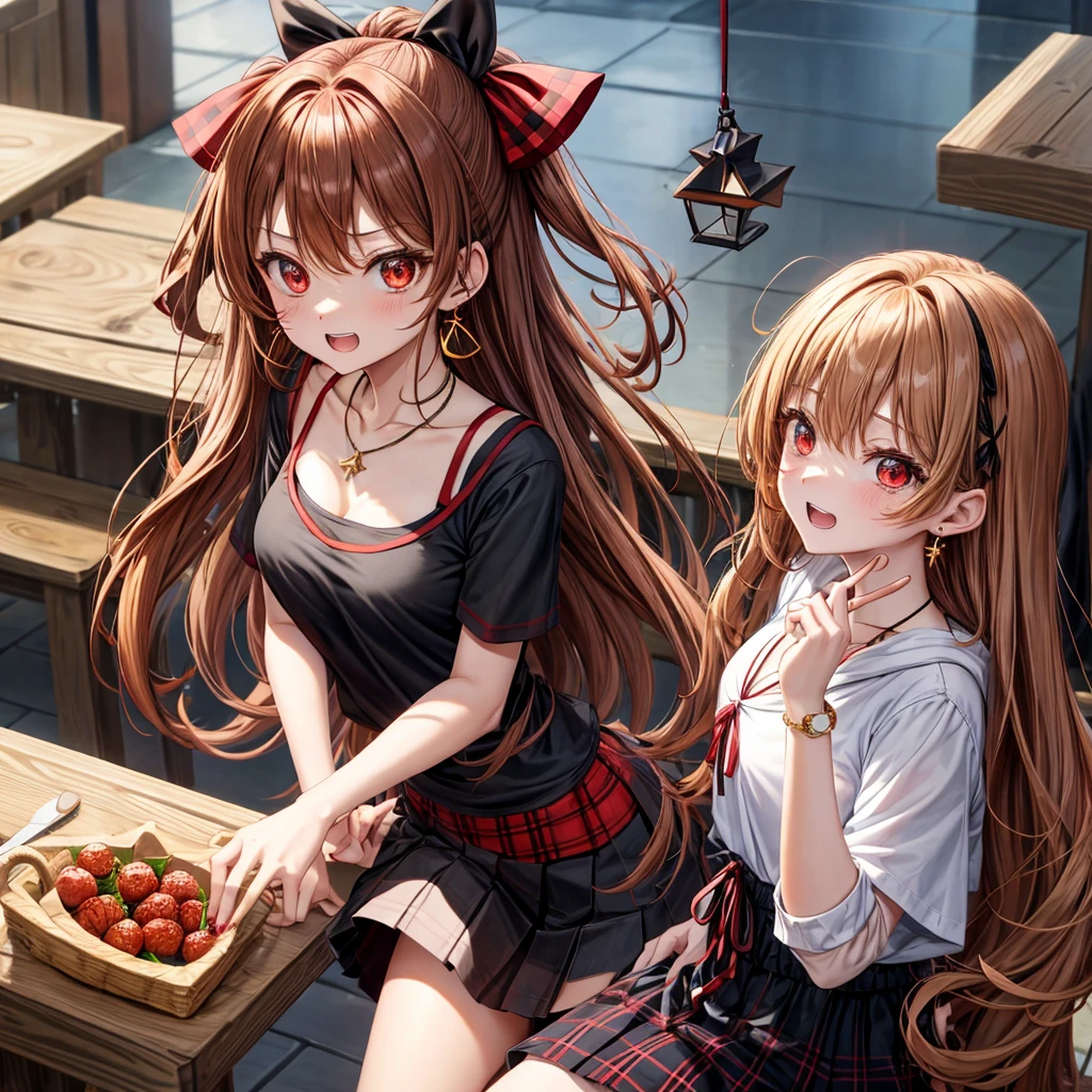 reddish-brown golden hair、red eyes、one good looking girl、solo、anime、plaid mini skirt、black camisole、black t-shirt、hoodie、wearing a ribbon、ribbon at waist、crystal earrings、jewelry necklace、Light and shadow、tilting one's face、teeth are visible、pillar、evil looking face、Kuroko、Diamond dust、grassland