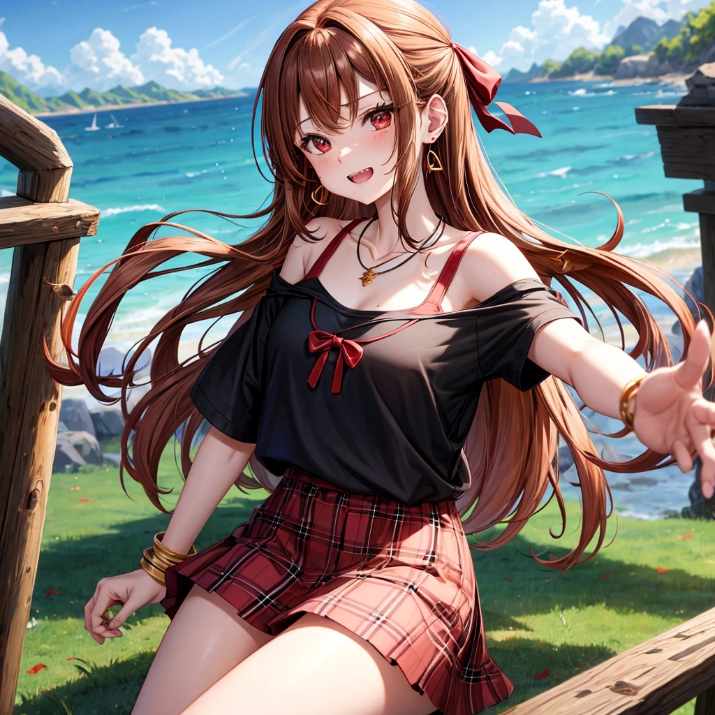 Brown, red, gold, golden hair、Red eyes、One good looking girl、solo、anime、Checkered mini skirt、Black camisole、Black T-shirt、hoodie、Wearing a ribbon、Ribbon on waist、Crystal Earrings、Gemstone Necklace、Light and shadow、Tilting face、Teeth are visible、waterfall、Kuroko、wearing goggles on head、tunnel、pylon、Sunset sky、Towering