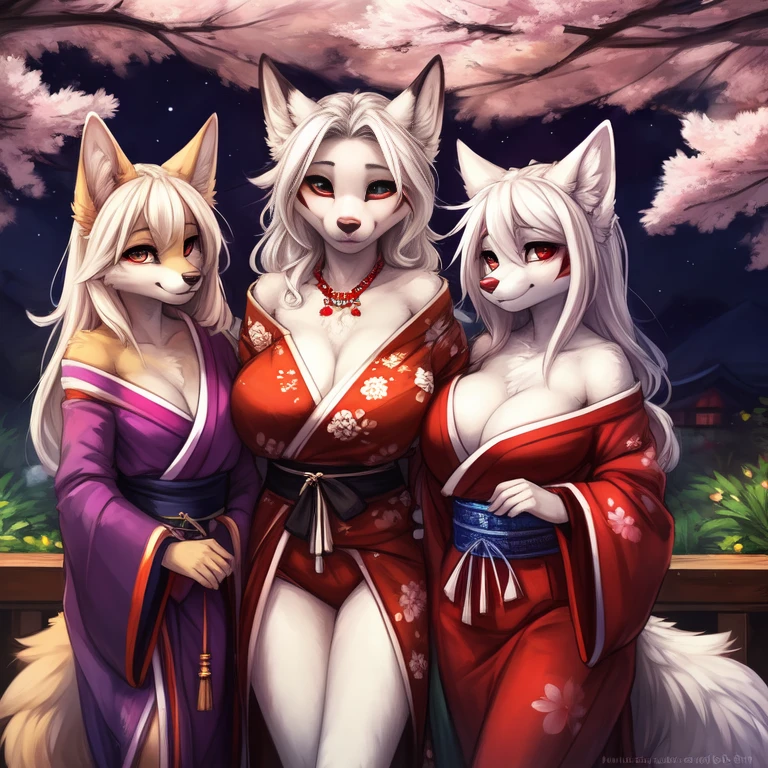 by kenket, Ross Tran, ruan jia, zaush, foxovh, by Zackary911, by hyattlen, by teranen, by fumiko, by Pixelsketcher, by fluff-kevlar, bye r-mk, by Dimwitdog, Furry, Anthro, ((mother and daughters)), BREAK, First Daughter: ((oiran), prostitute, (luxurious off-shoulder kimono), female white fox with red markings, kemono, (small breasts), long (elegant) white hair, white fur, young girl, cute, revealing outfit, innocent expression, alluring eyes, looking at viewer, red markings on body, white fur, traditional japanese, magic fantasy, small, slender, (young)), BREAK, Second Daughter: ((oiran), prostitute, (luxurious off-shoulder kimono), female white fox with red markings, kemono, (small breasts), short (elegant) white hair, white fur, young girl, cute, revealing outfit, innocent expression, alluring eyes, looking at viewer, red markings on body, white fur, traditional japanese, magic fantasy, small, slender, (young)),BREAK, Mother: ((geisha), prostitute, (luxurious off-shoulder kimono), female white fox with red markings, kemono, (((huge breasts))), long (elegant) white hair, hourglass body, revealing outfit, seductive, alluring eyes, looking at viewer, red markings on body, white fur, traditional japanese, magic fantasy, white fur, (mature), voluptuous, curvy, milf, (tall), curvy), BREAK, outdoors, cherry blossoms, nighttime, tugging on own clothes, ((3 anthro women)), (((3 people))), (multiple people), mother and her two daughters, (size difference), daughters are shorter than their mother, age difference, mother is taller than her daughters,