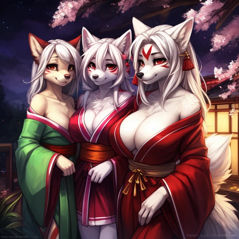 by kenket, Ross Tran, ruan jia, zaush, foxovh, by Zackary911, by hyattlen, by teranen, by fumiko, by Pixelsketcher, by fluff-kevlar, bye r-mk, by Dimwitdog, Furry, Anthro, ((mother and daughters)), BREAK, First Daughter: ((oiran), prostitute, (luxurious off-shoulder kimono), female white fox with red markings, kemono, (small breasts), long (elegant) white hair, white fur, young girl, cute, revealing outfit, innocent expression, alluring eyes, looking at viewer, red markings on body, white fur, traditional japanese, magic fantasy, small, slender, (young)), BREAK, Second Daughter: ((oiran), prostitute, (luxurious off-shoulder kimono), female white fox with red markings, kemono, (small breasts), short (elegant) white hair, white fur, young girl, cute, revealing outfit, innocent expression, alluring eyes, looking at viewer, red markings on body, white fur, traditional japanese, magic fantasy, small, slender, (young)),BREAK, Mother: ((geisha), prostitute, (luxurious off-shoulder kimono), female white fox with red markings, kemono, (((huge breasts))), long (elegant) white hair, hourglass body, revealing outfit, seductive, alluring eyes, looking at viewer, red markings on body, white fur, traditional japanese, magic fantasy, white fur, (mature), voluptuous, curvy, milf, (tall), curvy), BREAK, outdoors, cherry blossoms, nighttime, tugging on own clothes, ((3 anthro women)), (((3 people))), (multiple people), mother and her two daughters, (size difference), daughters are shorter than their mother, age difference, mother is taller than her daughters,