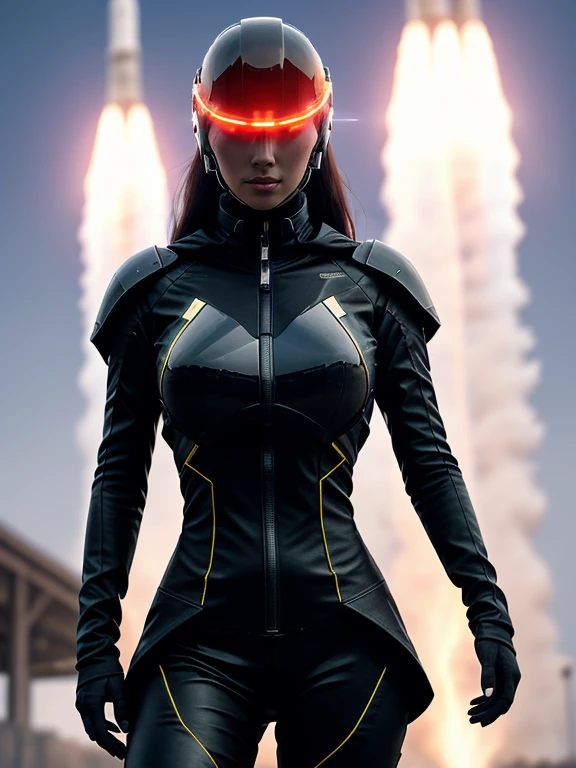 (best quality, 4k, highres, realistic:1.37), ultra-detailed, female wearing a full-face helmet, dressed in a cyberpunk enhancement suit, at a rocket launch site, metallic finish, glowing neon lights, futuristic sci-fi style, intense colors, smoke and fire, powerful engines, dynamic pose with arms raised, overlooking the launching rocket, dramatic perspective, sparks flying, surrounded by industrial machinery and structures, technological atmosphere, night time.