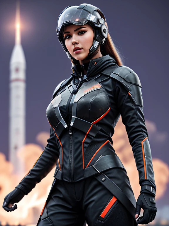 (best quality, 4k, highres, realistic:1.37), ultra-detailed, female wearing a full-face helmet, dressed in a cyberpunk enhancement suit, at a rocket launch site, metallic finish, glowing neon lights, futuristic sci-fi style, intense colors, smoke and fire, powerful engines, dynamic pose with arms raised, overlooking the launching rocket, dramatic perspective, sparks flying, surrounded by industrial machinery and structures, technological atmosphere, night time.