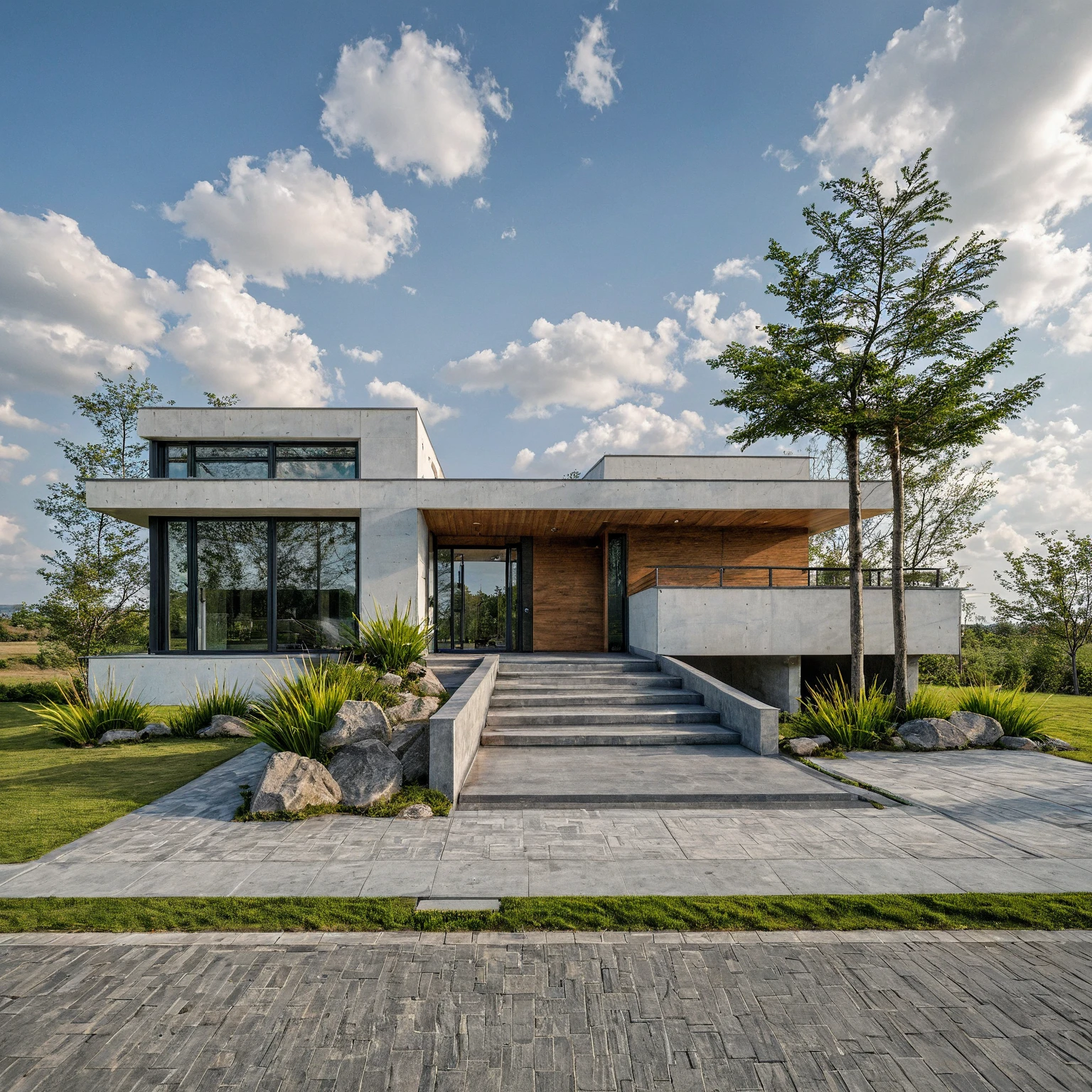 Masterpiece, high quality, best quality, authentic, super detail, outdoors, onestoreyvillaXL, aiaigroup, house style modern on the street ,stairs, white wall ,road,pavement, grass, trees, sky, cloud, (daylight:1.1)
