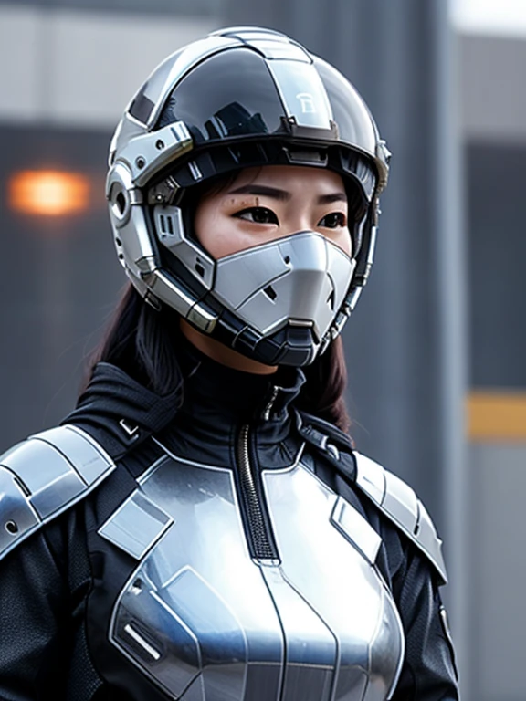 A woman wearing a full-face helmet、Wearing a cyberpunk armored suit、Rocket launch site