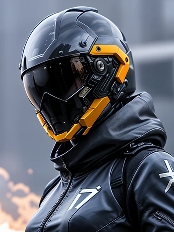 A woman wearing a full-face helmet、Wearing a cyberpunk armored suit、Rocket launch site