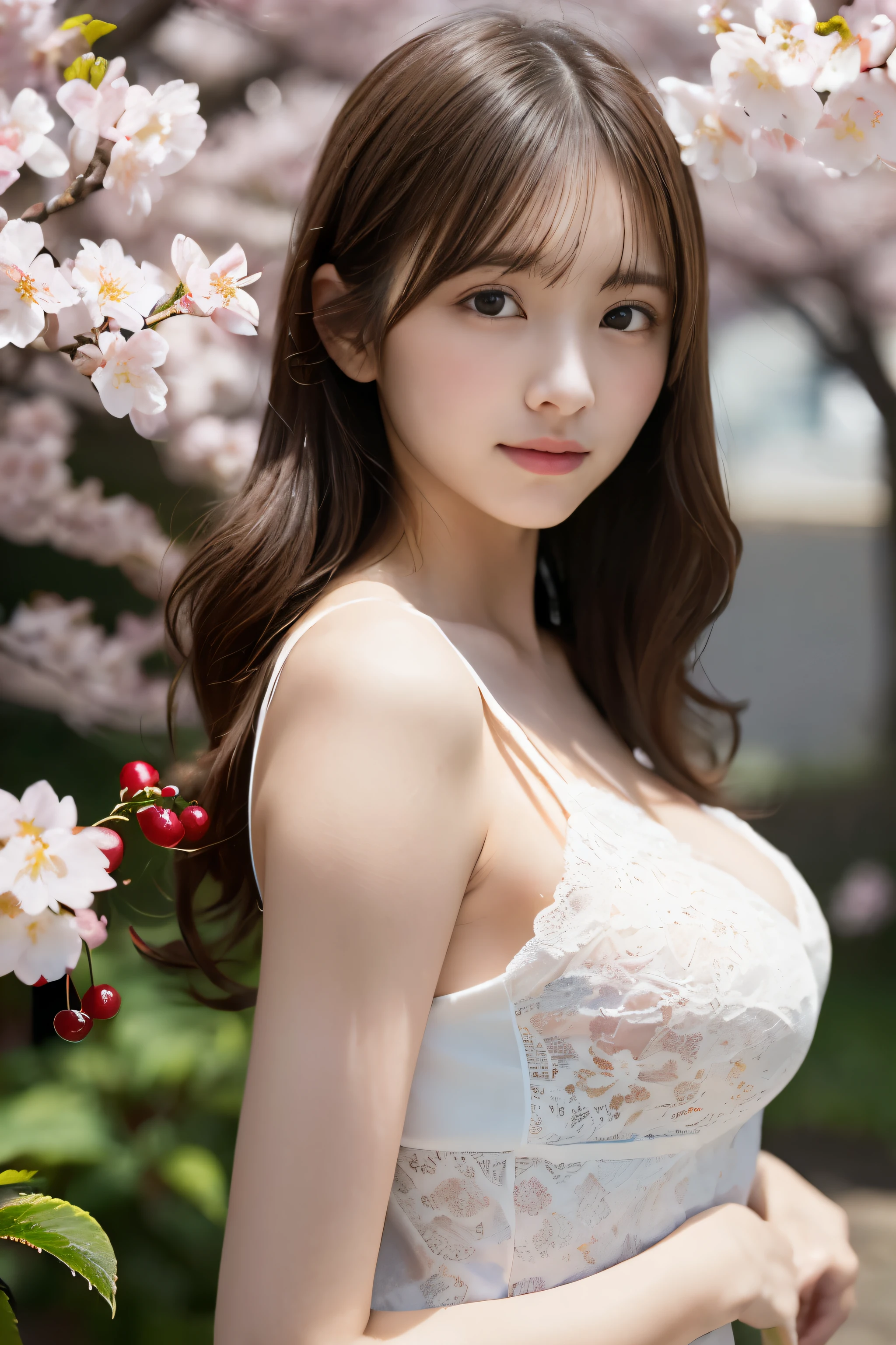 (masterpiece、High resolution、high resolution、超High resolution、Delicate、16K、perfect lighting、sunlight)1 female(brown hair、long hair、curly hair、clear eyes、dense lips、beautiful breasts、slim、slender、OL,garden、cherry blossoms、cherry blossoms row of trees、