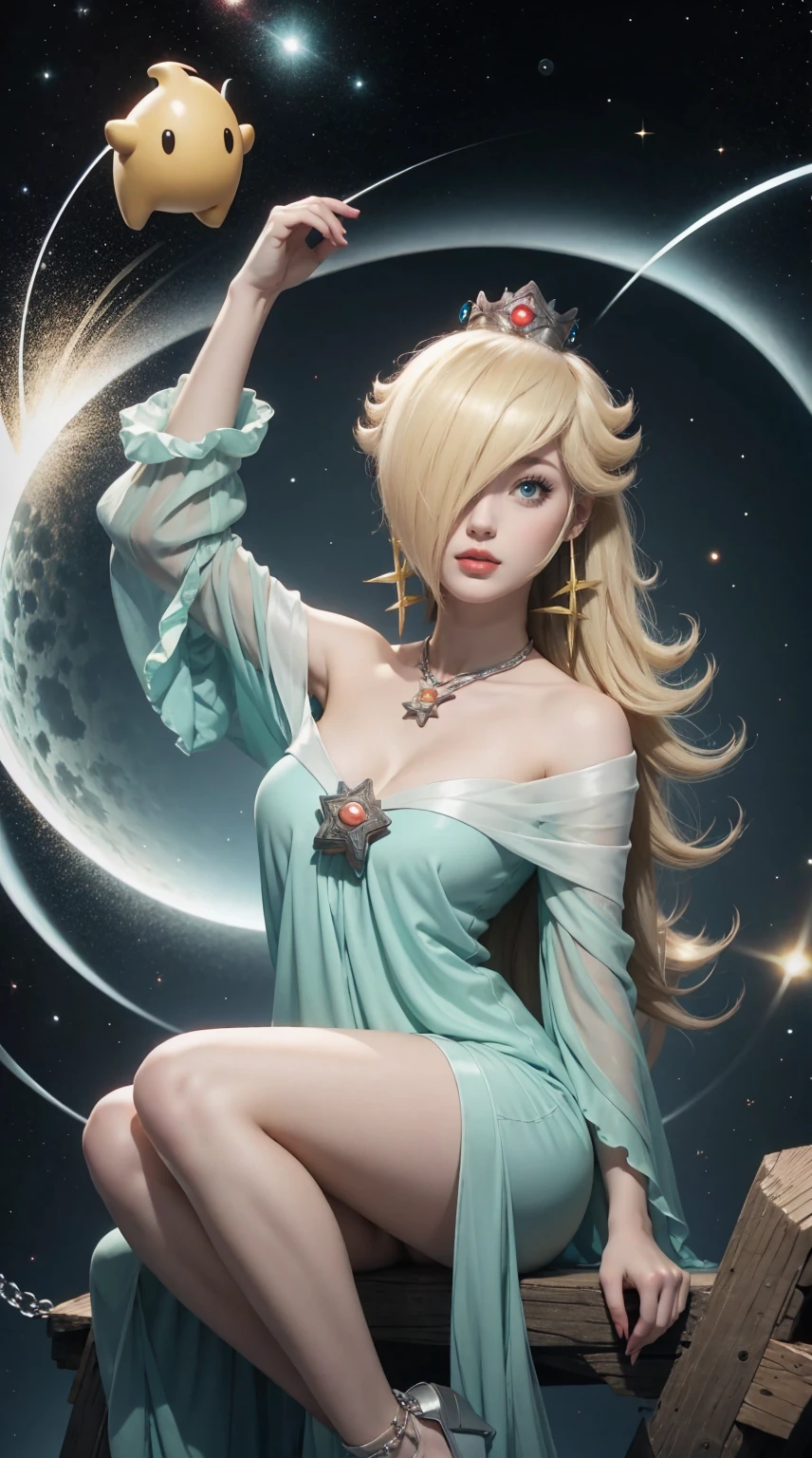 25-year-old Caucasian woman、ash blonde、blue eyess、Semi-long、setting hair、I'm tying my hair、My hair is wavy、Slender but thin macho、accessories on the wrist、wearing a chain necklace、Beautiful breasts、a smile、I need space above my head、Wearing a high-leg retard、Wearing heels、