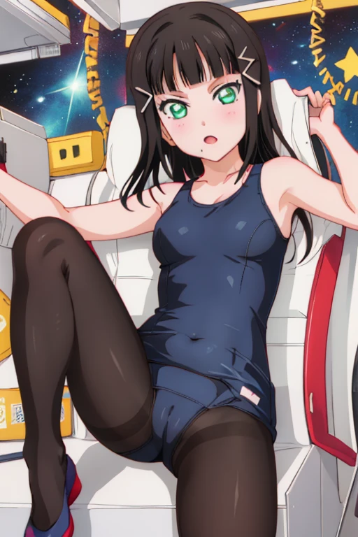 best quality, ultra-detailed masterpiece, dia kurosawa, one-piece swimsuit, pantyhose, anime art style, cute characters, space station, open legs