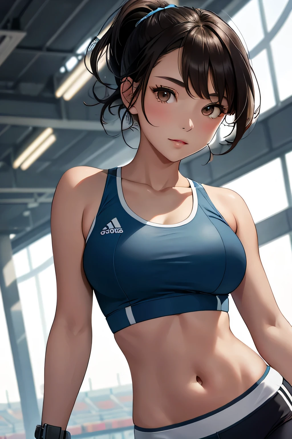 (highest quality:1.4)、High resolution、detailed background)、(detailed beautiful face:1.4)、detailed facial expressions、anatomically correct、moderate chest、attractive ass、brown hair、bob cut、ponytail、realistic、perfect body line、thick thighs、healthy、
A close-up from a low angle highlighting the buttocks、Super close-up shot from directly below、(Beautiful teenage girl looking back)、athletics stadium、
The mesh design on the back and sides and the lace-up details give it a sexy look.、
Design with cuts and mesh panels that accentuate the body line、
Opt for a simple sports watch and a thin headband.、
Choose items that you can wear with confidence, such as a fitted sports bra or a tank top that exposes a moderate amount of skin.、cute